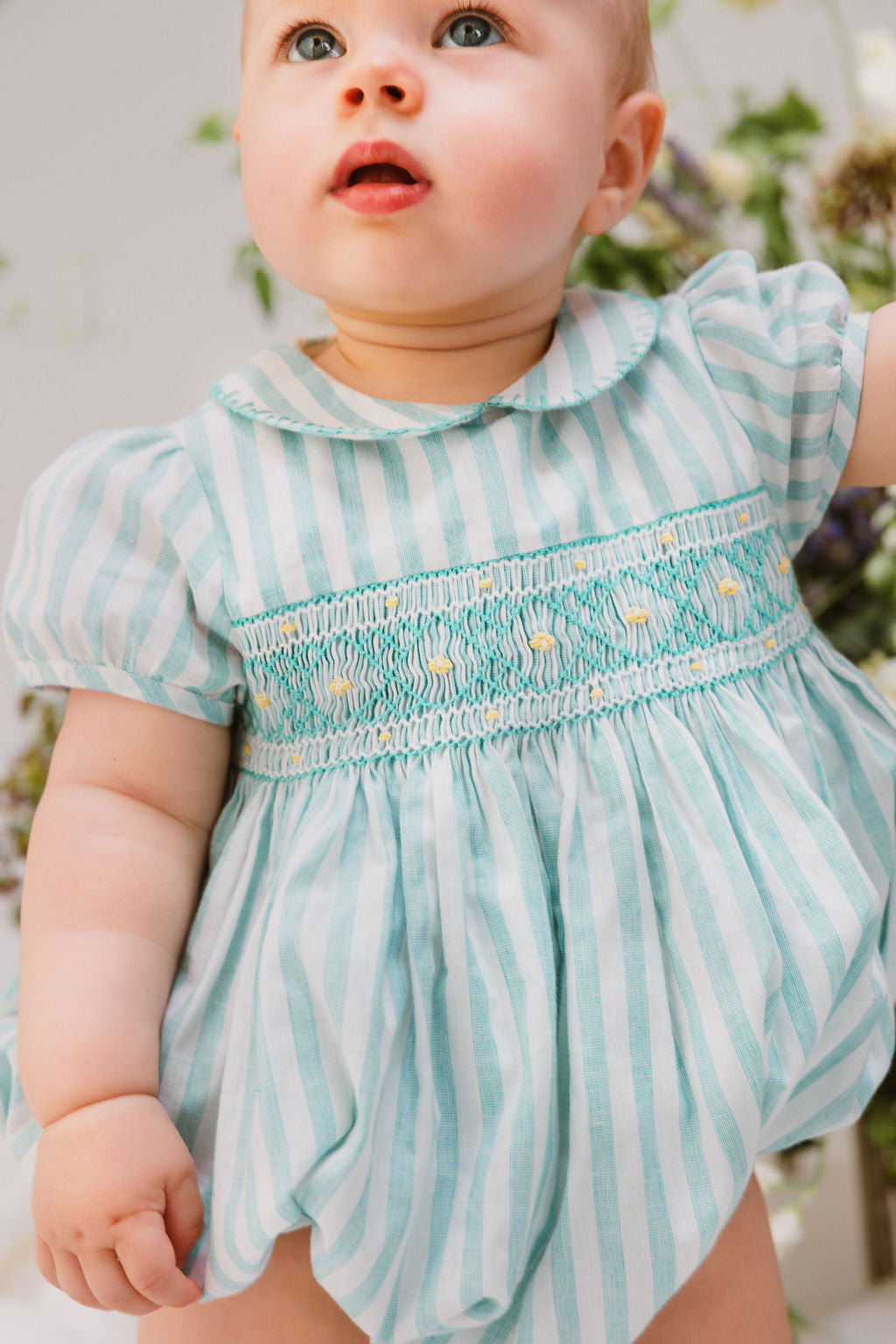 GEORGETTE GREEN STRIPES SMOCKED BABY BUBBLE