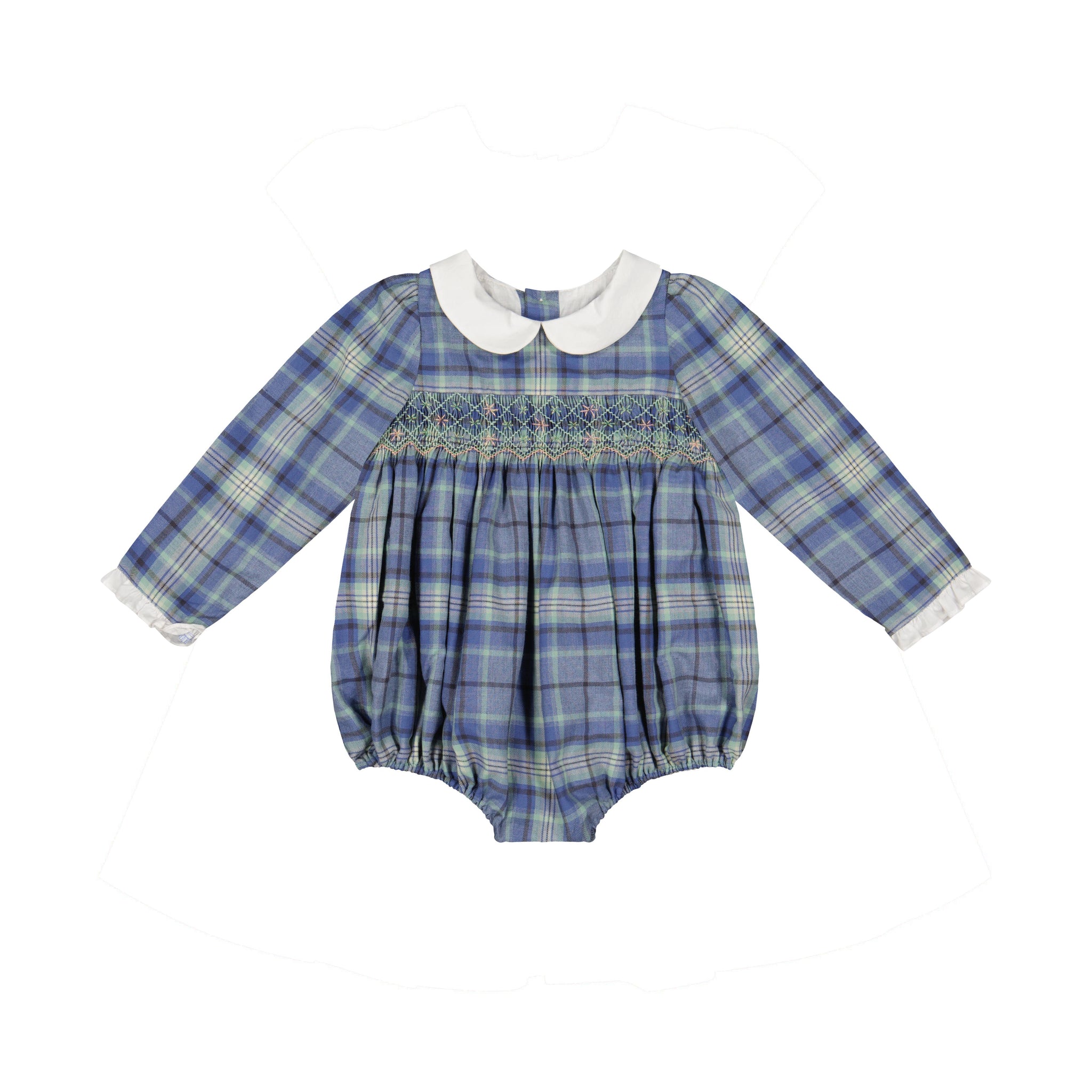 Front of Heidi Blue Tartan Baby Romper