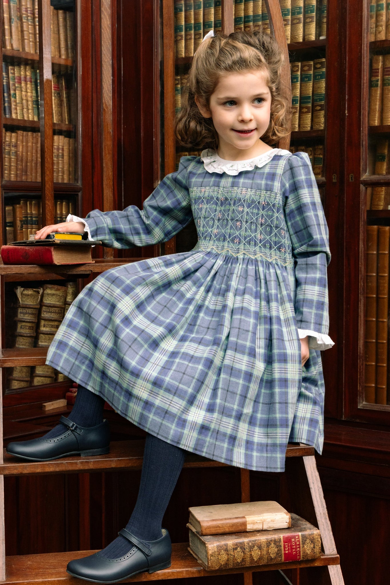 Close up to Heidi Blue Tartan Smocked Dress