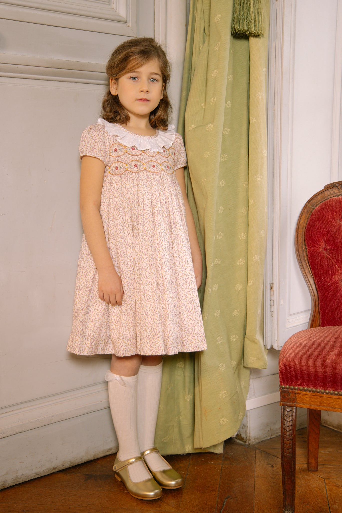 Close up to Isadora Short Sleeve Floral Smocked Dress