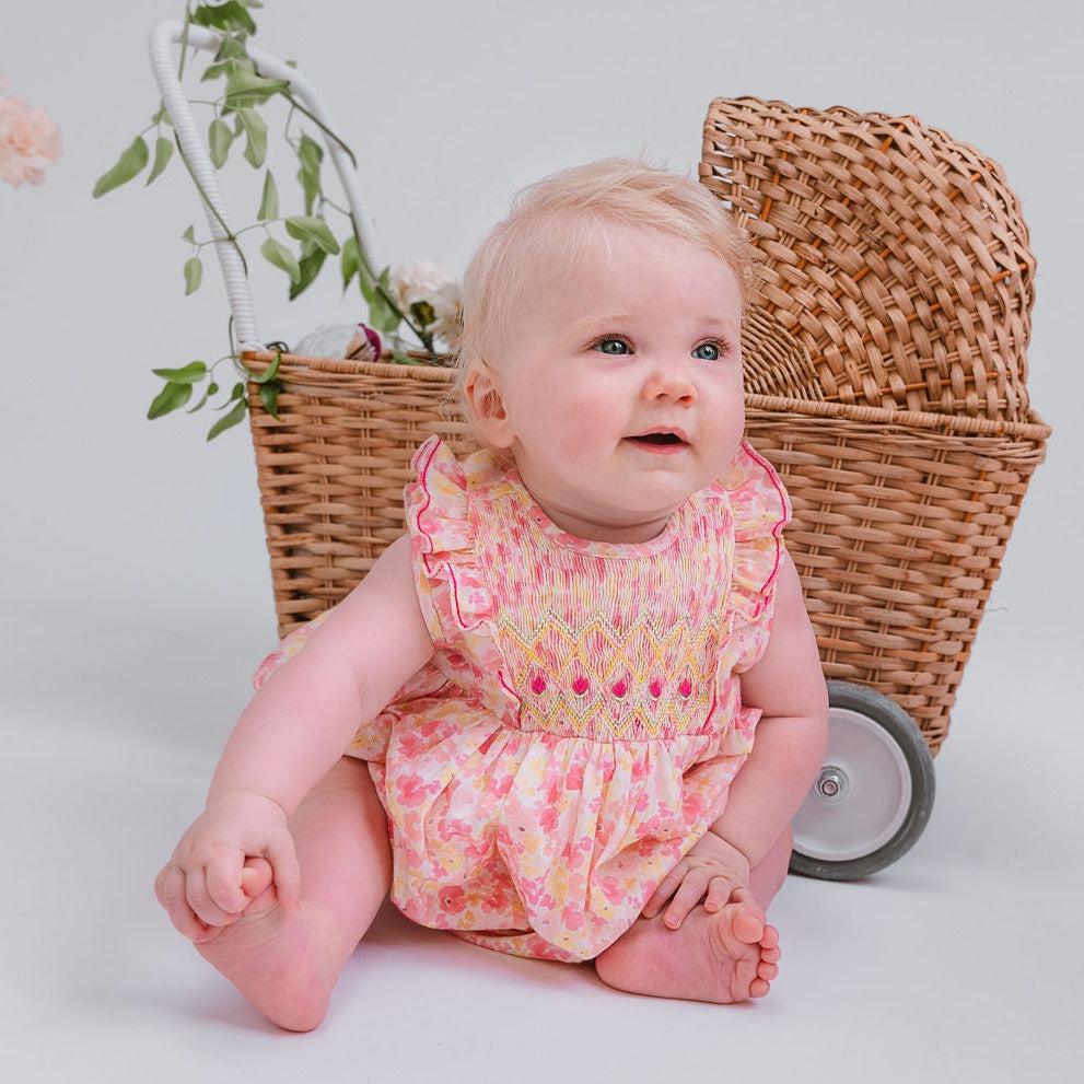IRIS PINK BUBBLE FLORAL SMOCKED BUBBLE