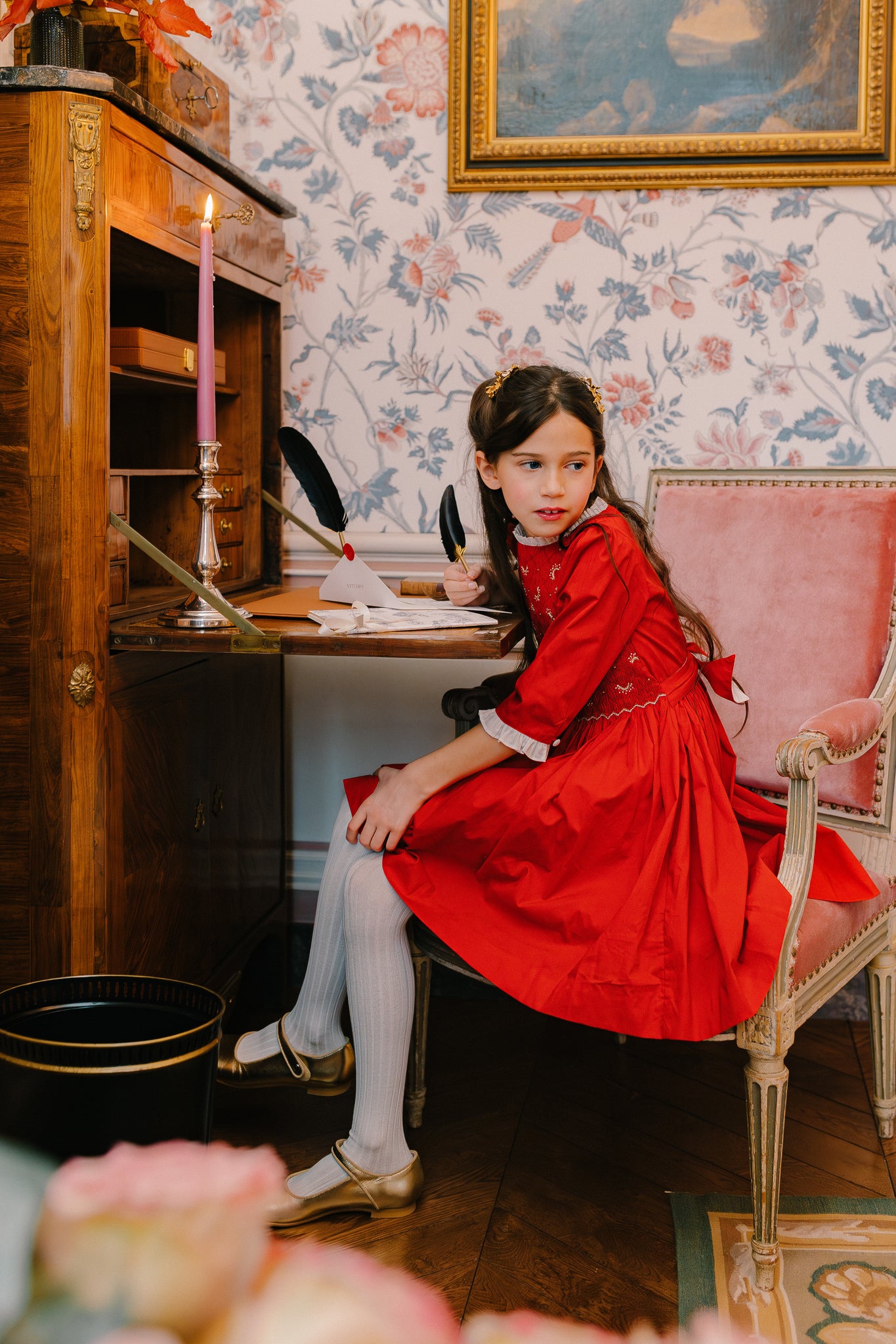 red long sleeve smock dress Luna Red Long Sleeve Smocked Dress
