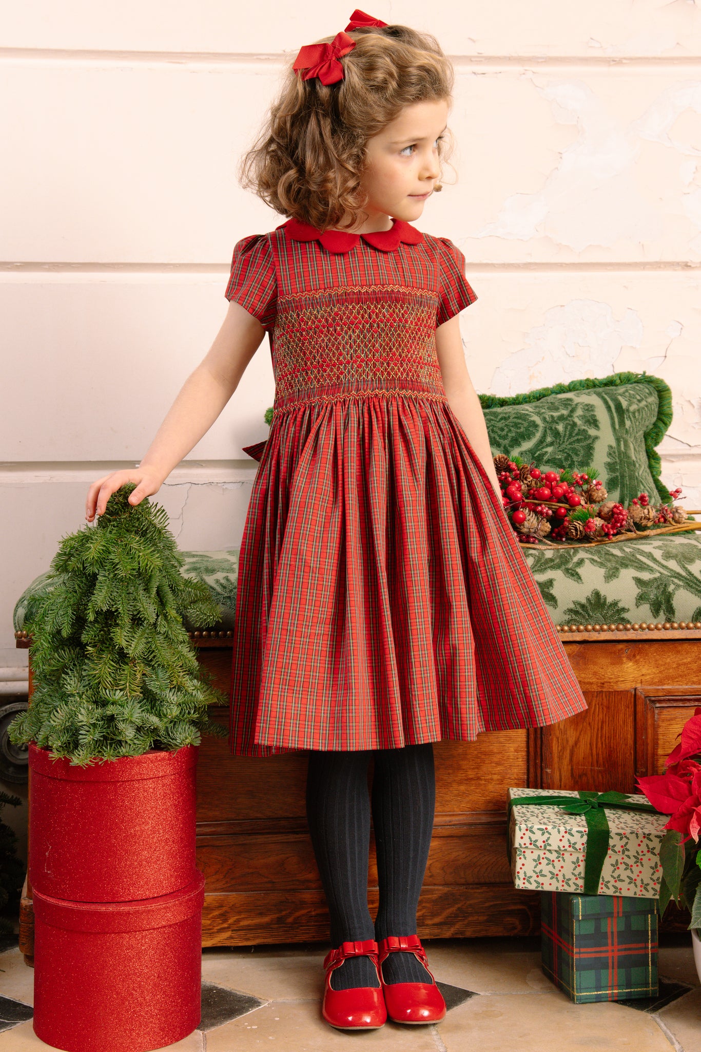 Close up to Marguerite Red Tartan Smocked Dress