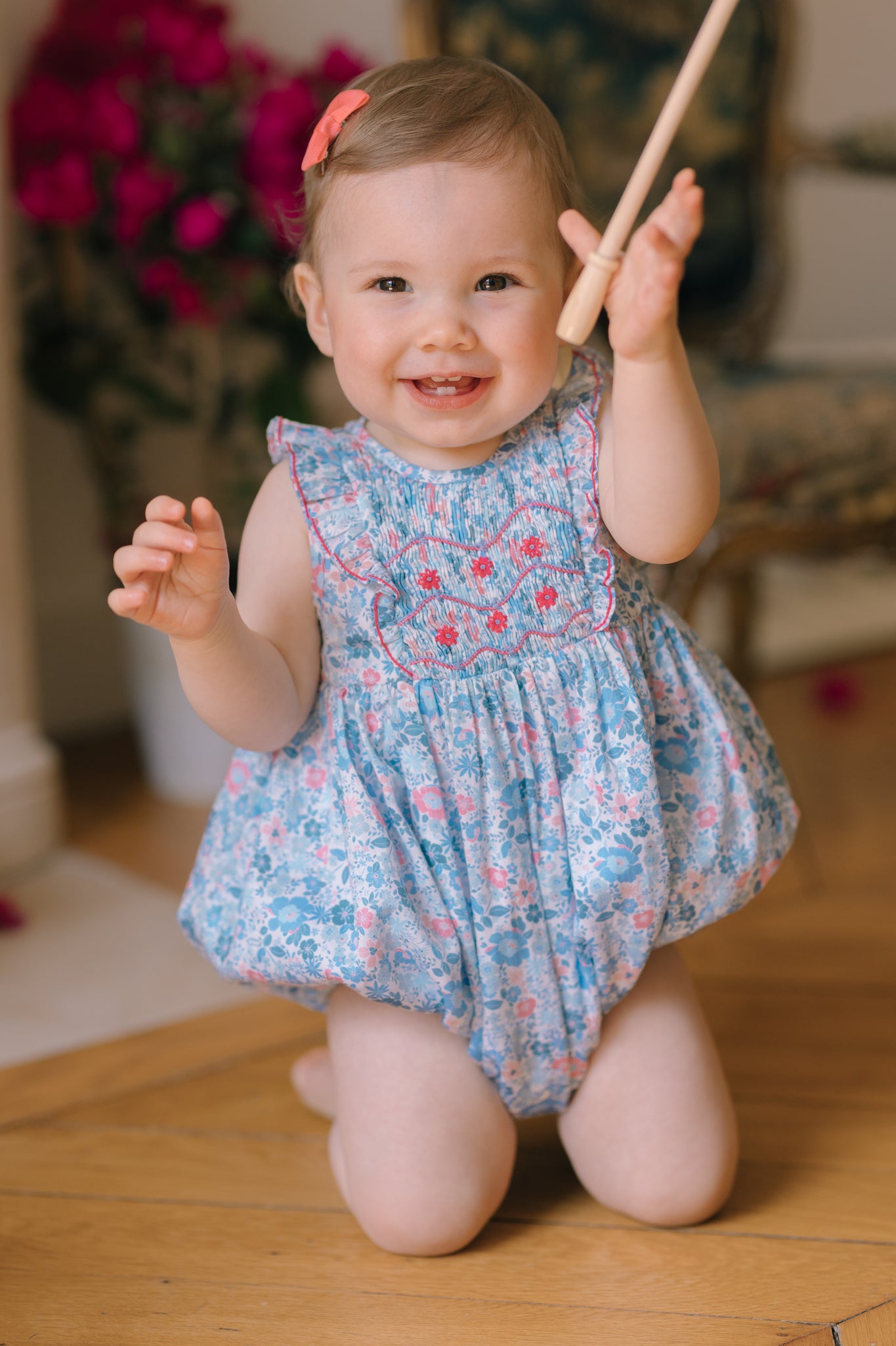 Marguerite Blue Floral Smocked Romper Baby Girl Romper