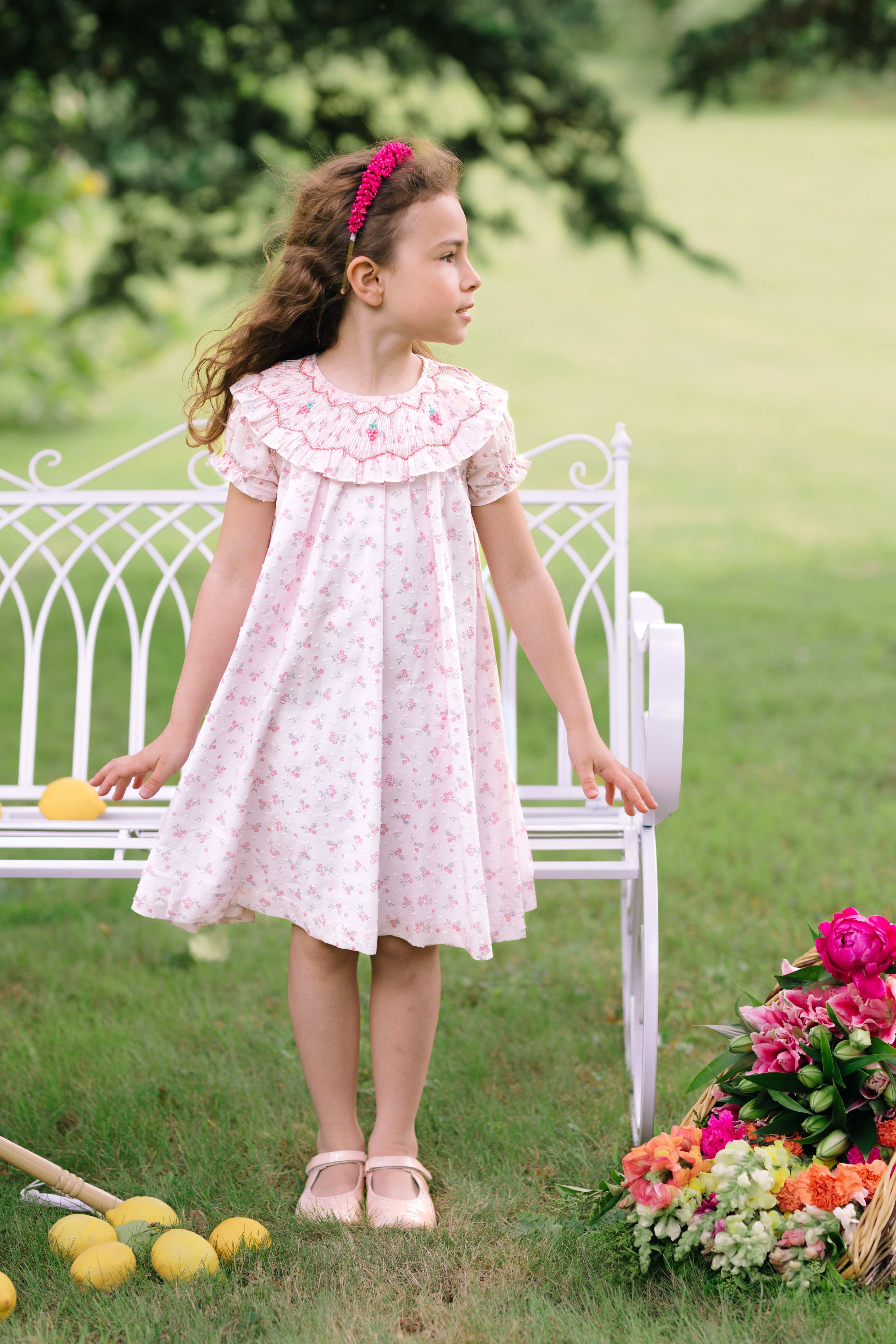 Myrtille Pink Floral Short Sleeve Bishop Dress Myrtille Pink Floral Short Sleeve Bishop Dress