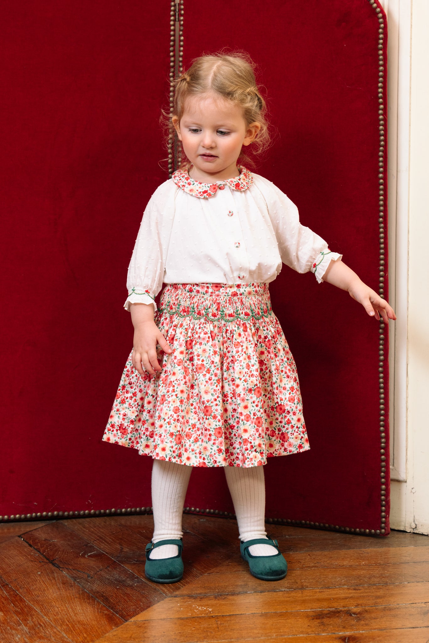 Close up to Marie Red Floral Smocked Skirt and Blouse Set