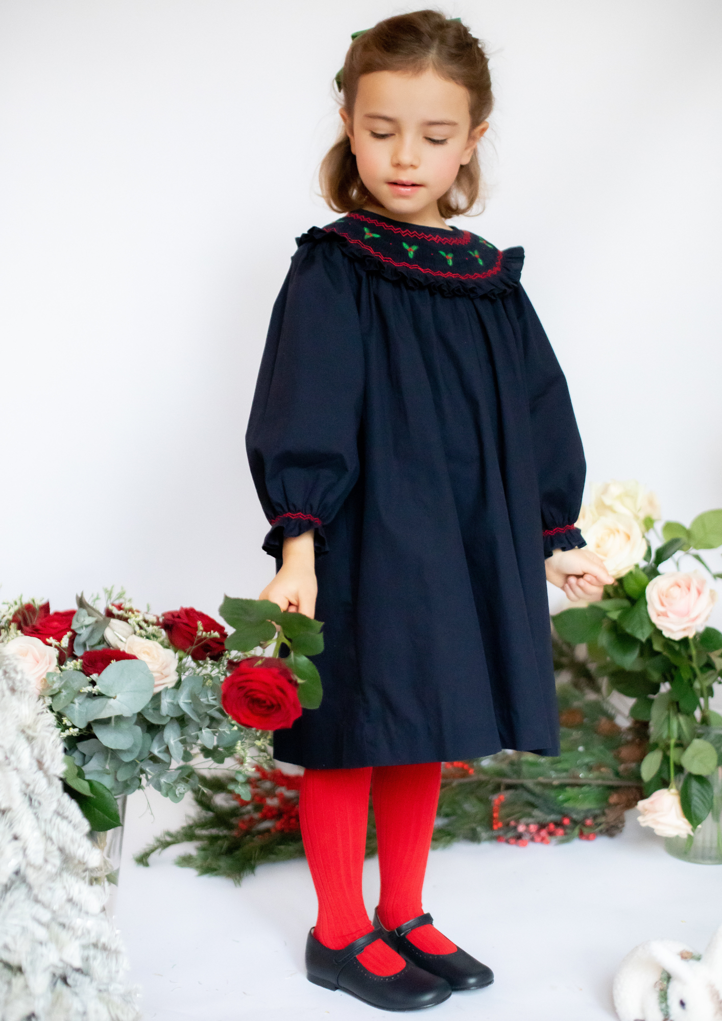 Mary Jane Navy Christmas Bishop Dress with embroidered collar