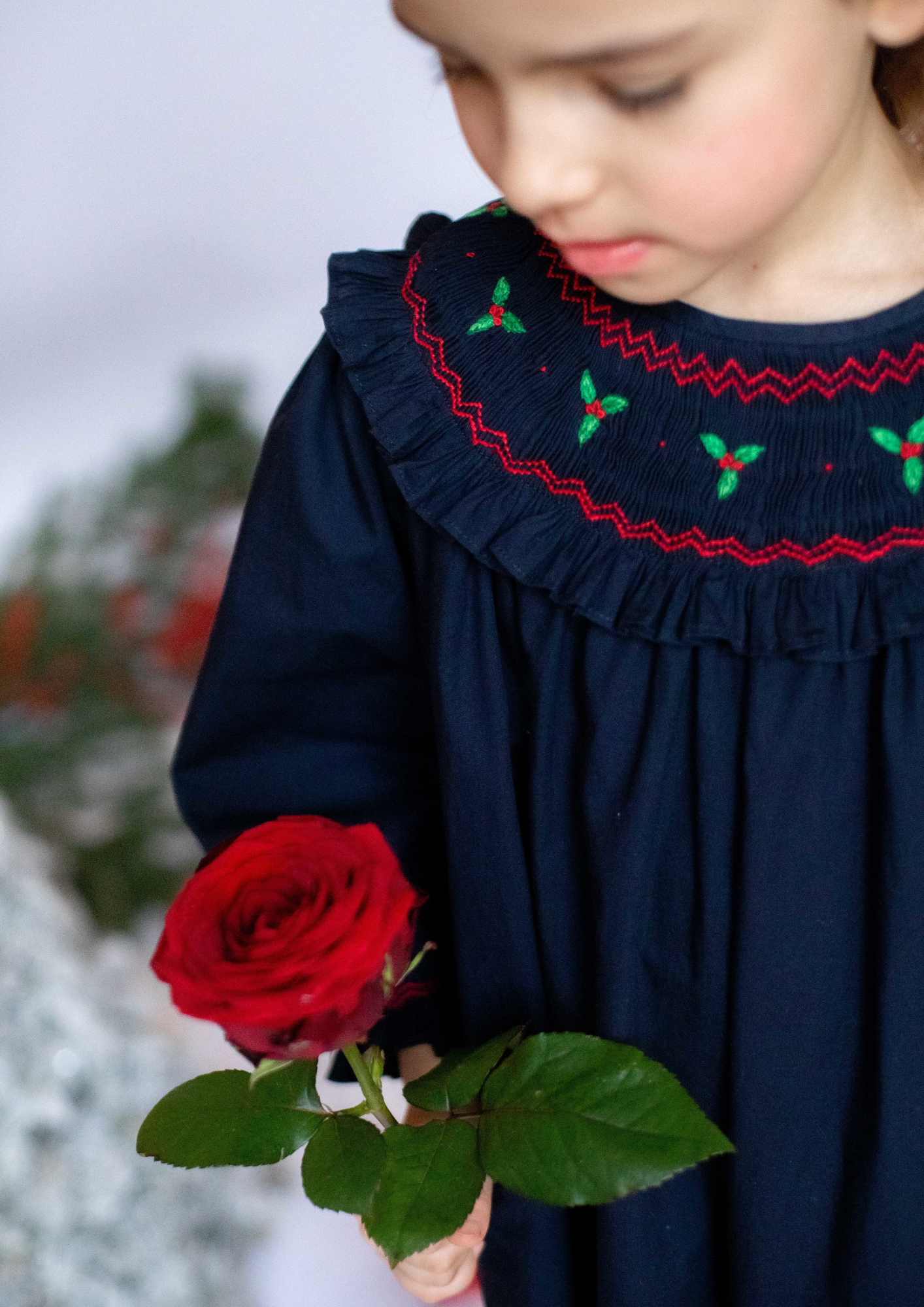 Mary Jane Navy Christmas Bishop Dress with embroidered collar