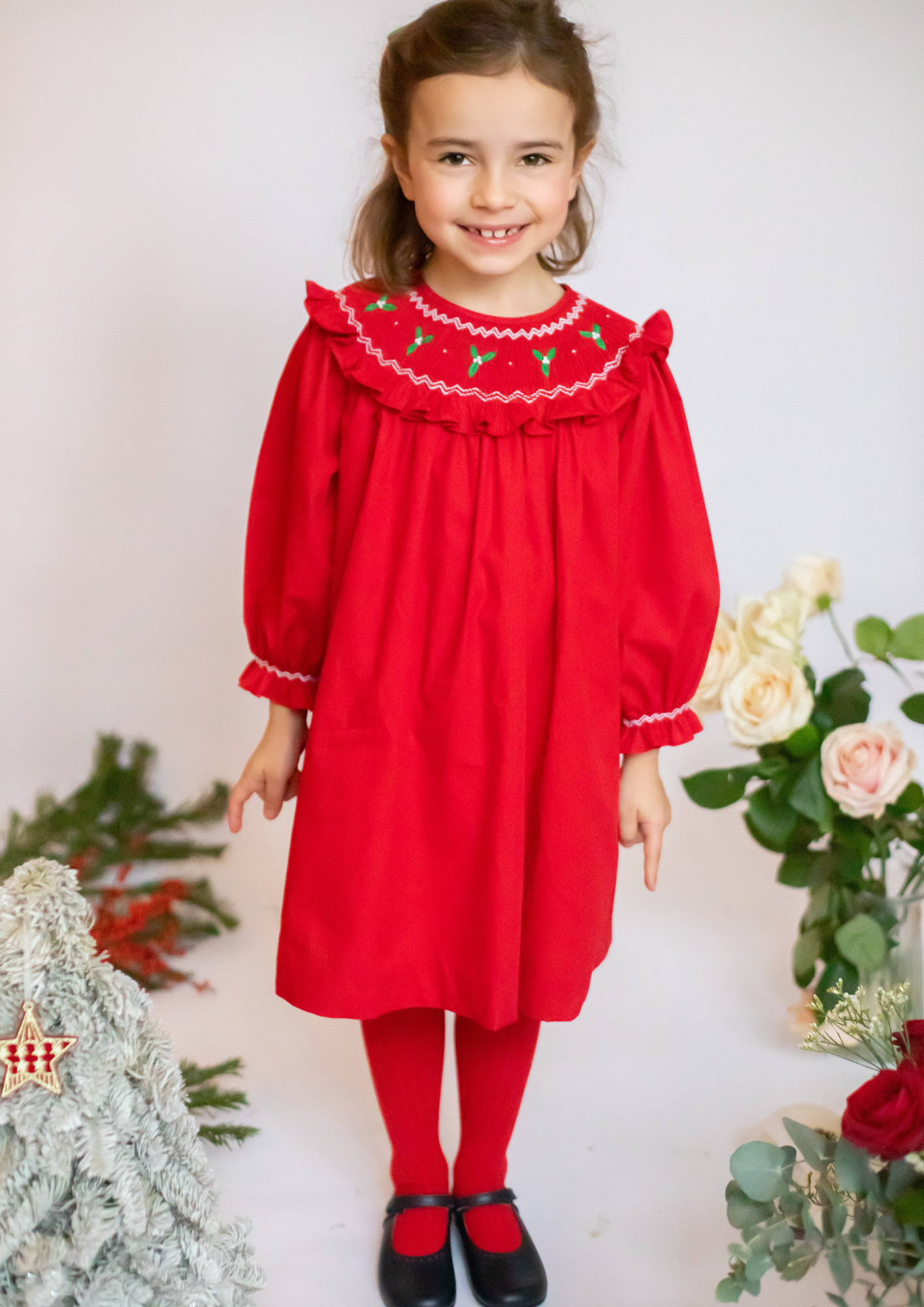 Mary Jane Red Christmas Bishop Dress with embroidered collar
