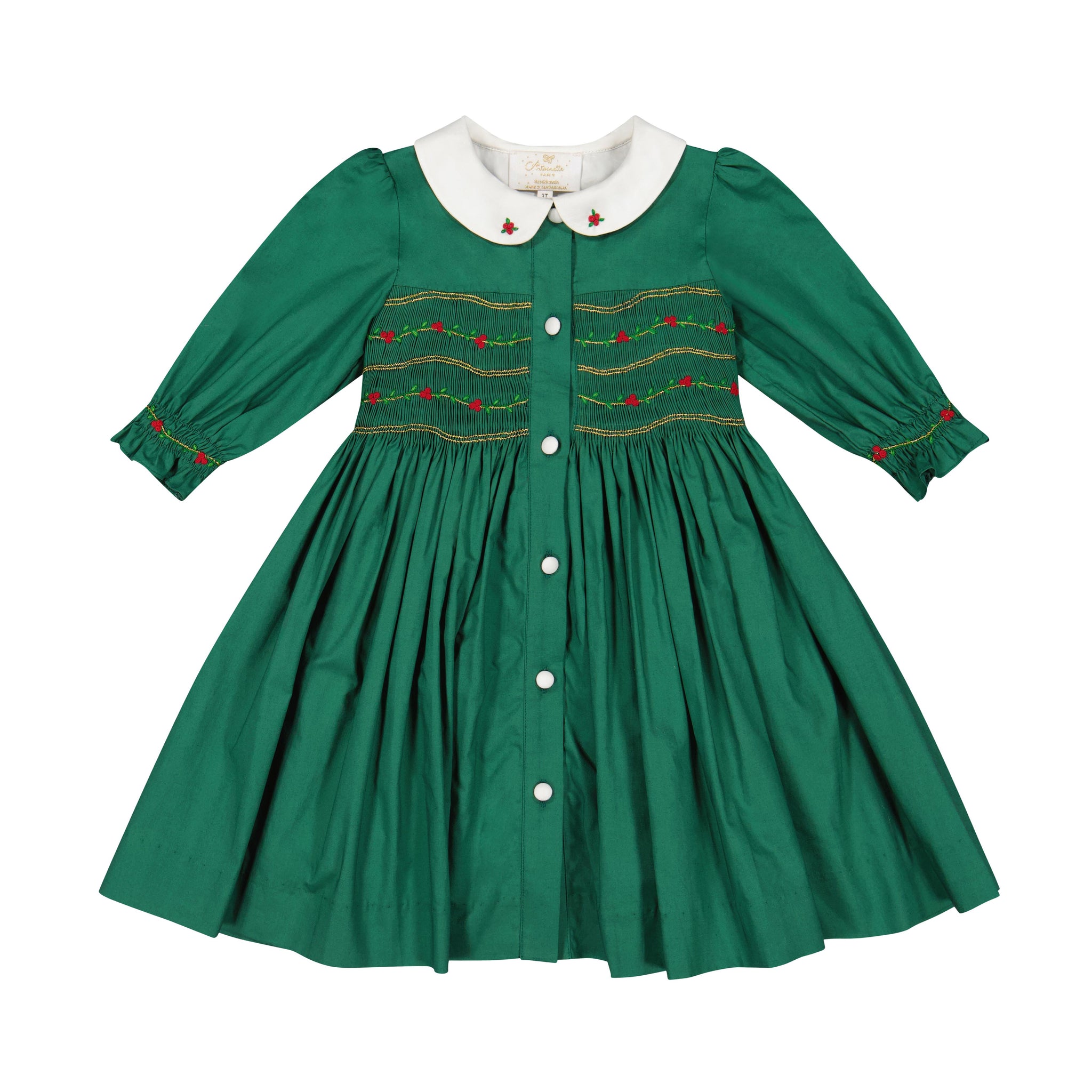 Front of Olympe Green Smocked Christmas Dress