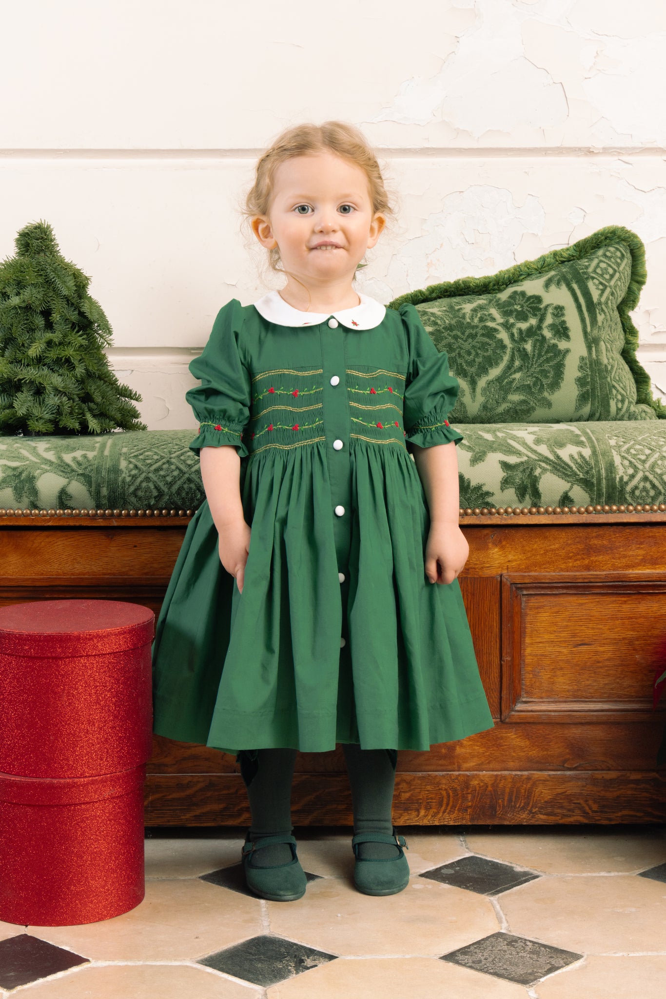 Close up to Olympe Green Smocked Christmas Dress