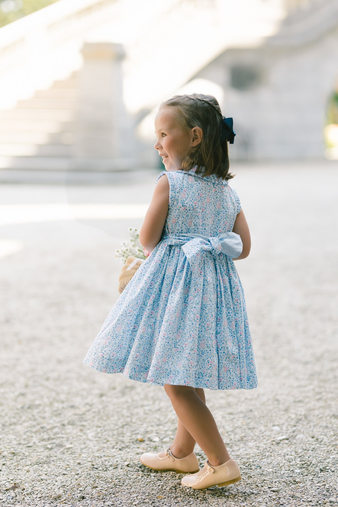 blue floral sleeveless dress Olympe Smocked blue floral formal dress