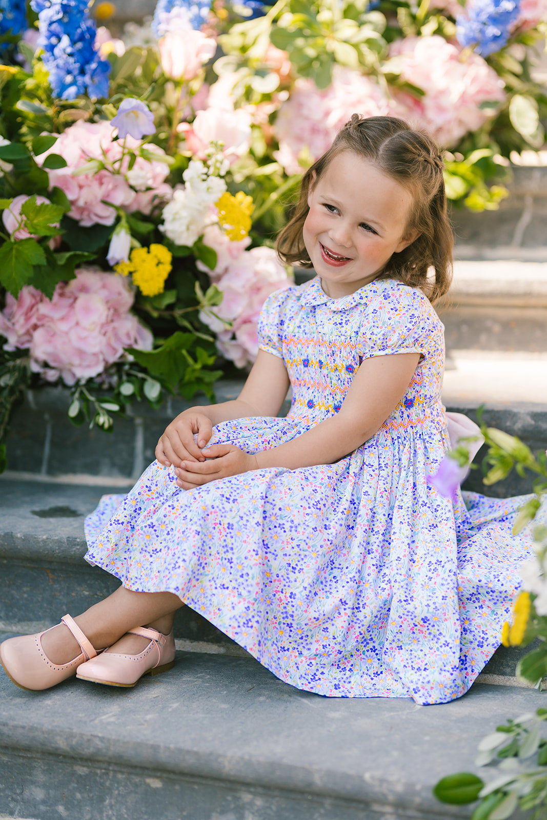 Ondine Blue Floral Smocked Dress for Girls 10T