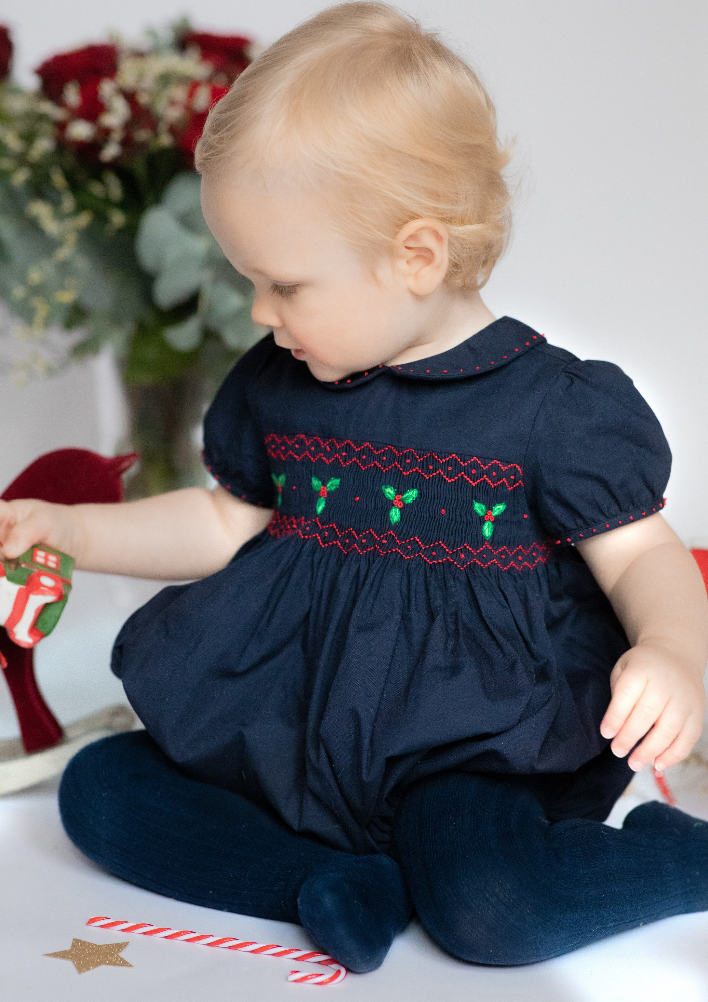 Pauline Navy Classic Christmas Smocked Bubble