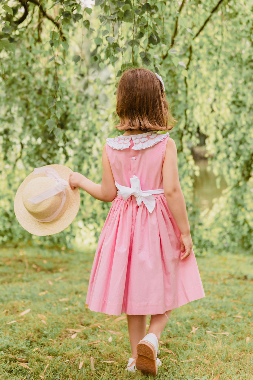 PEONY PINK SMOCKED DRESS WITH WHITE EMBROIDERED COLLAR