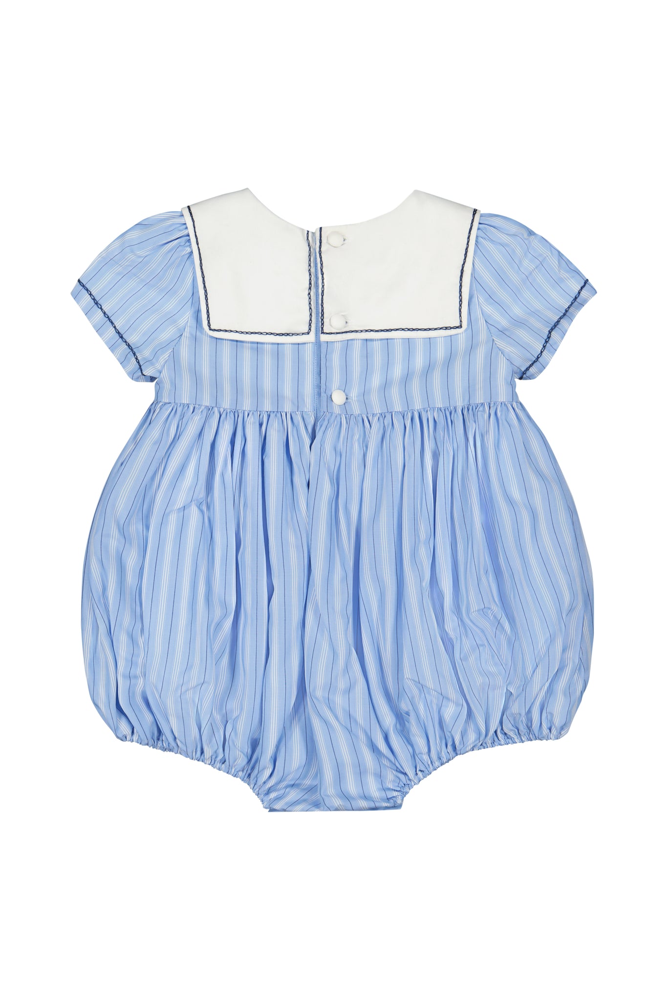 Riviera Blue Stripe Smocked Bubble Romper | Antoinette Paris