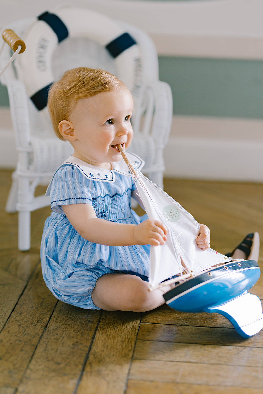 Riviera Blue Stripe Smocked Bubble Romper | Antoinette Paris