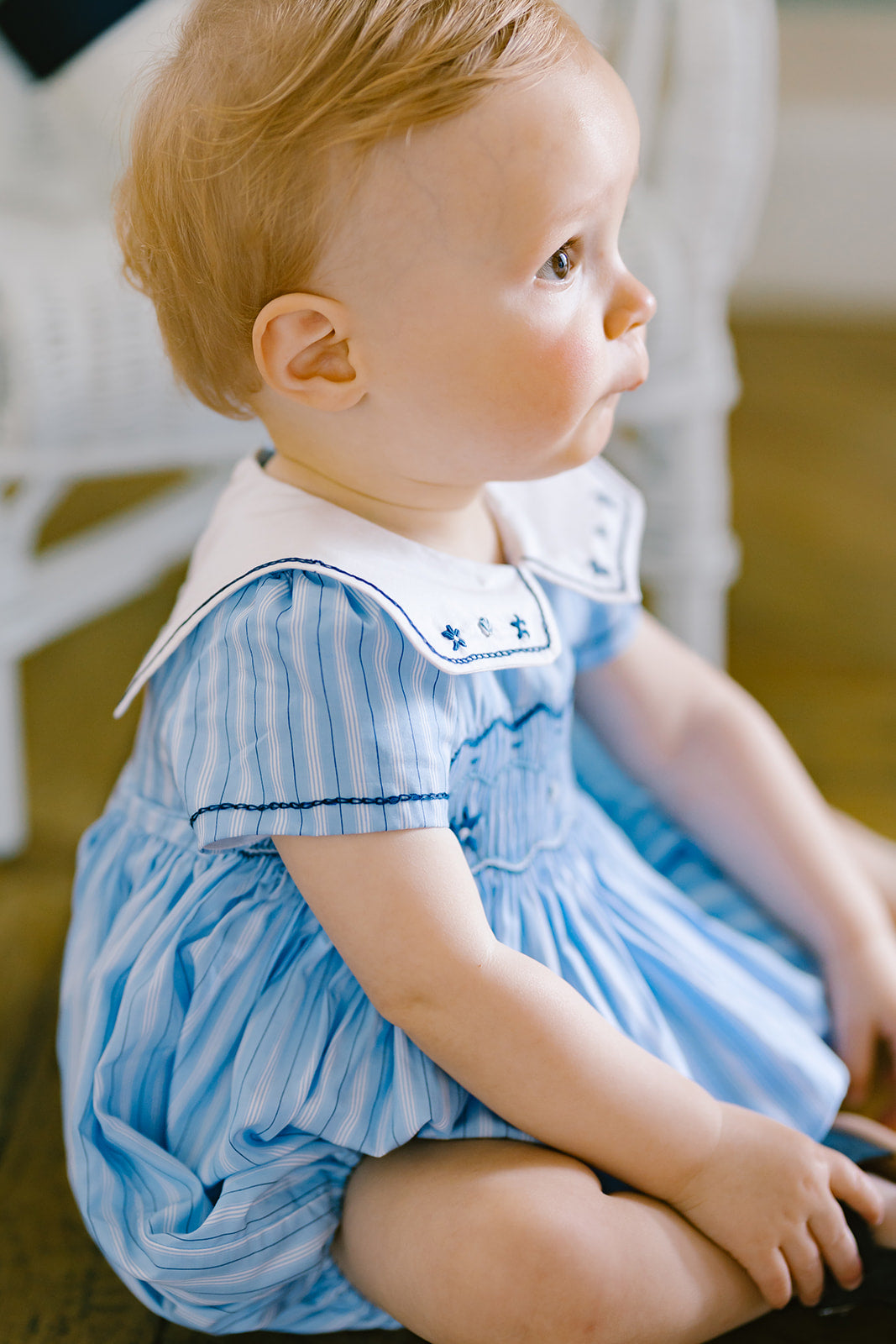 Riviera Blue Stripe Smocked Bubble Romper | Antoinette Paris
