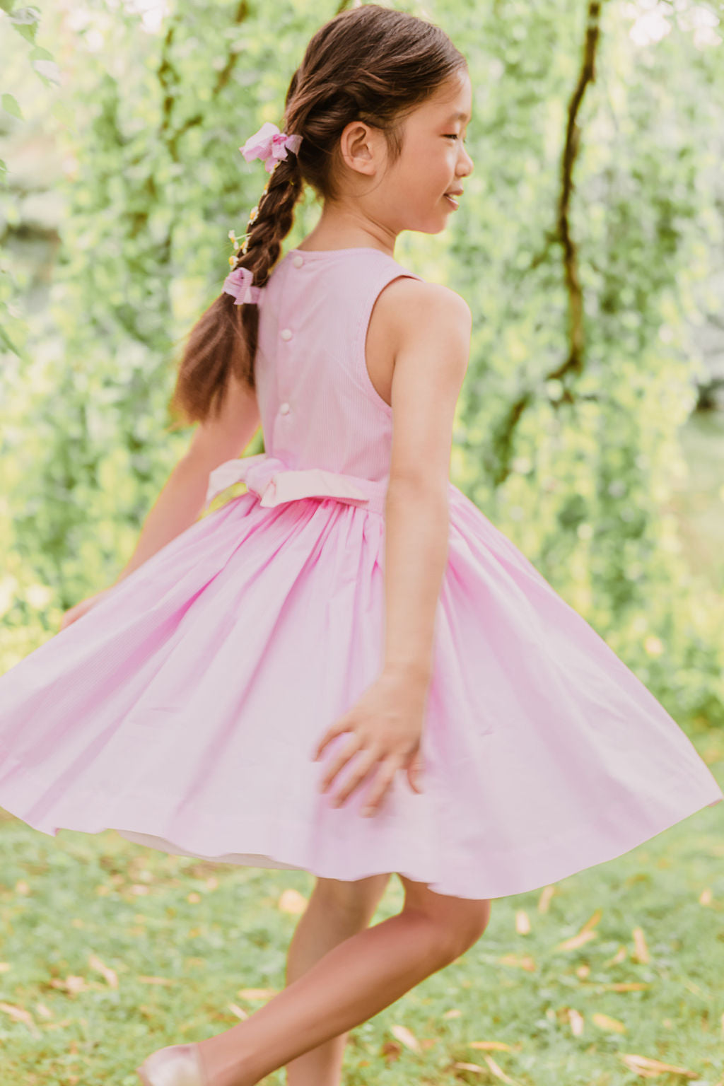 ROSE PINK STRIPE SLEEVELESS SMOCKED DRESS