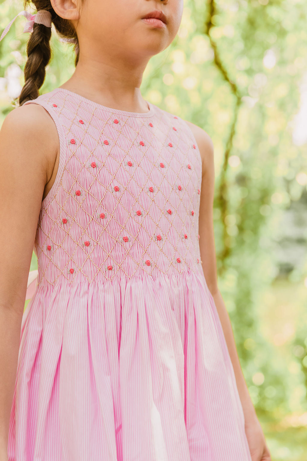 ROSE PINK STRIPE SLEEVELESS SMOCKED DRESS