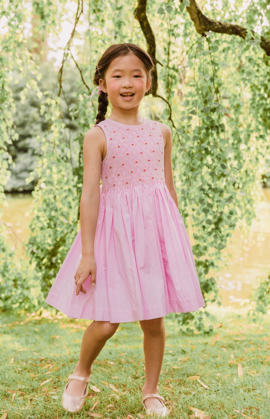 ROSE PINK STRIPE SLEEVELESS SMOCKED DRESS