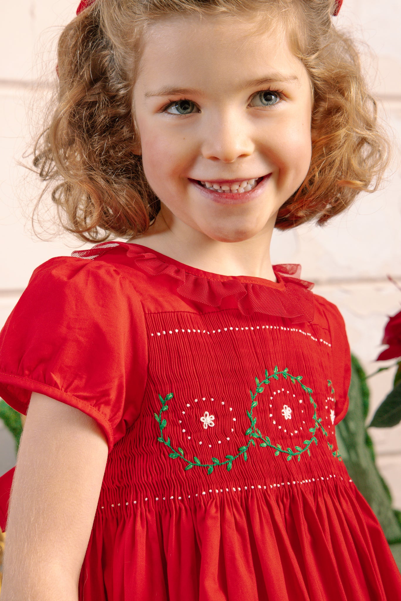 Close-up of Sofia Red Smocked Dress