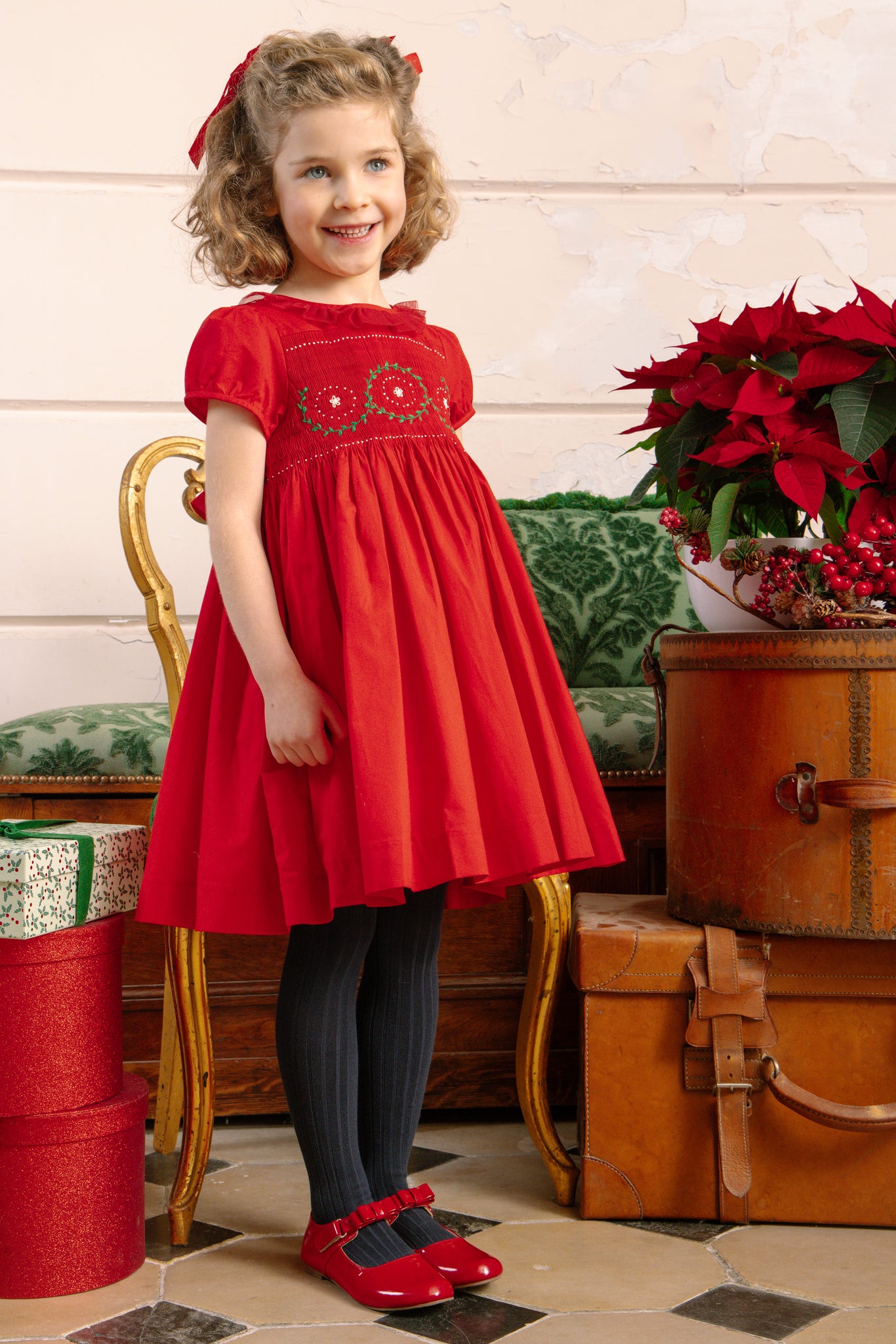Close up to Sofia Red Smocked Dress