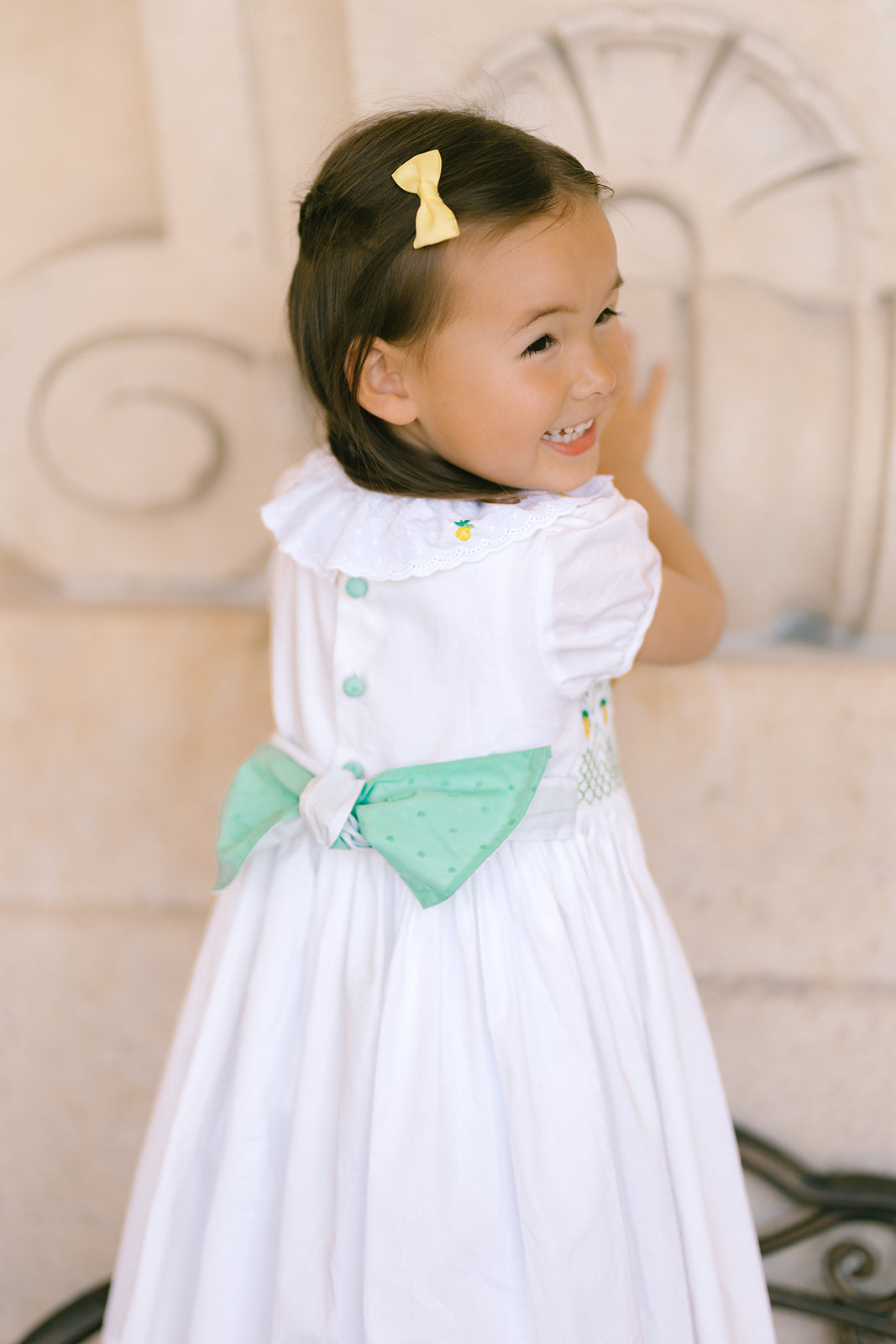 Victoria White Lemon Smocked Girls Dress | Antoinette Paris