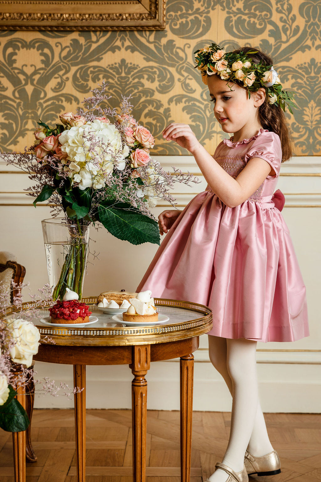silk toddler dresses Floral Smocked Green Silk Short Sleeve Baby Dress