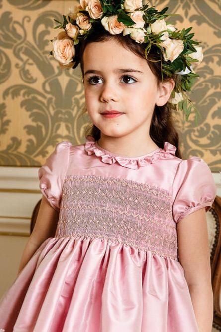 Astrid Pink Silk Smocked Girl Dress