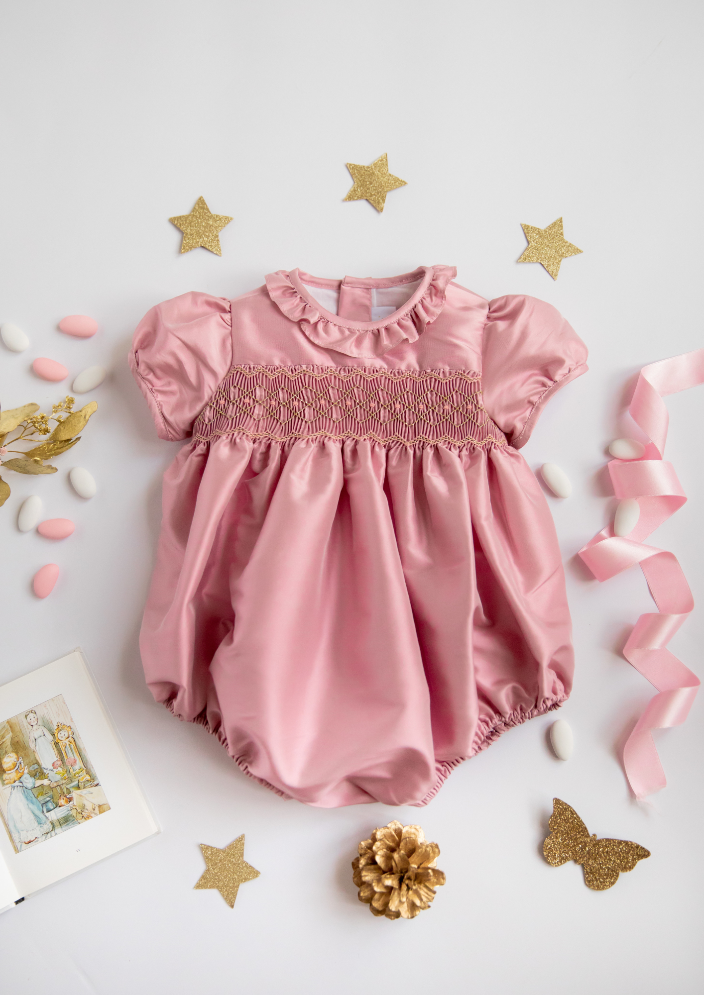 Astrid Pink Silk Smocked Baby Bubble