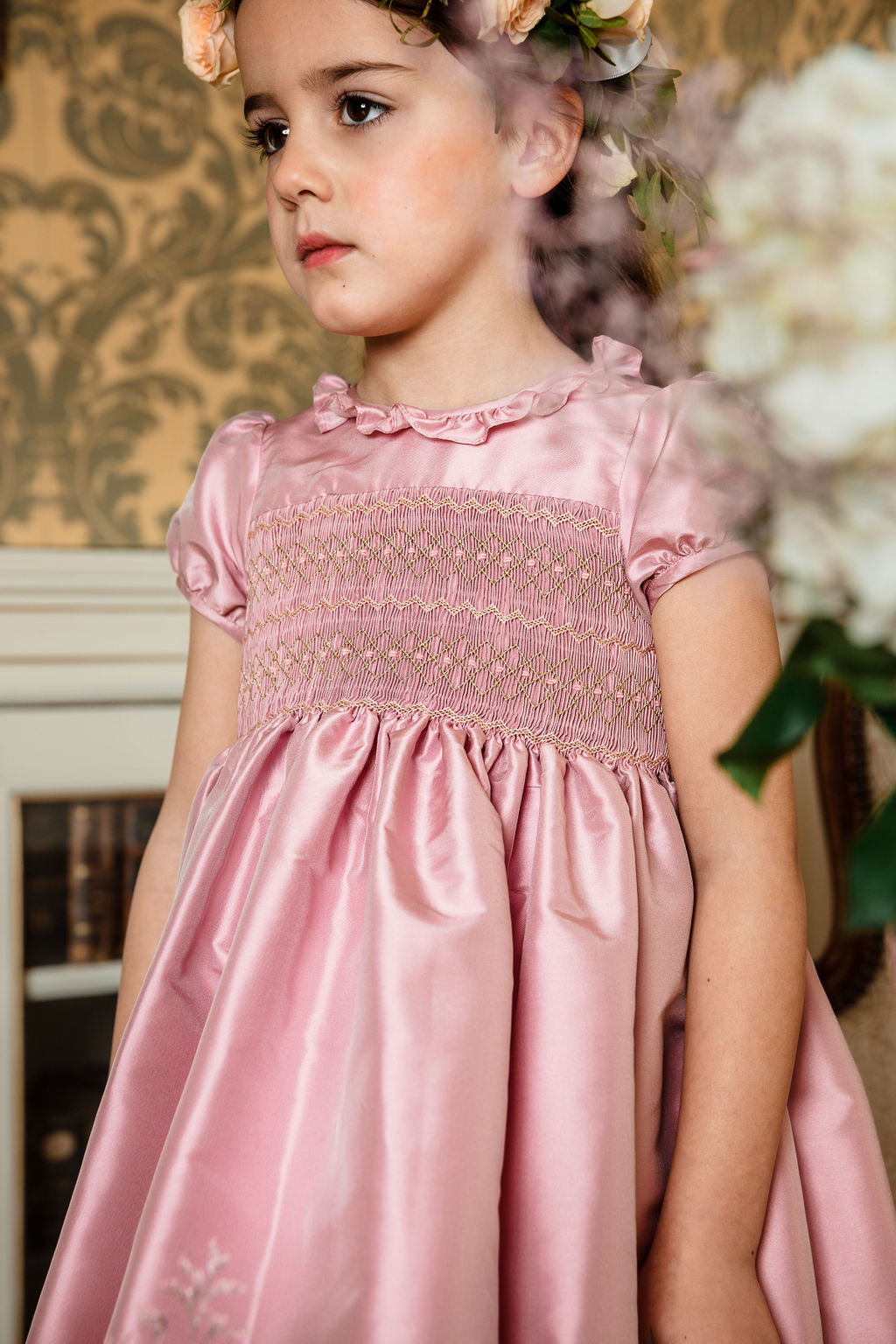 Astrid Pink Silk Smocked Girl Dress