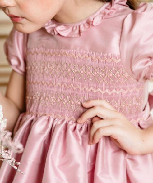 Astrid Pink Silk Smocked Girl Dress