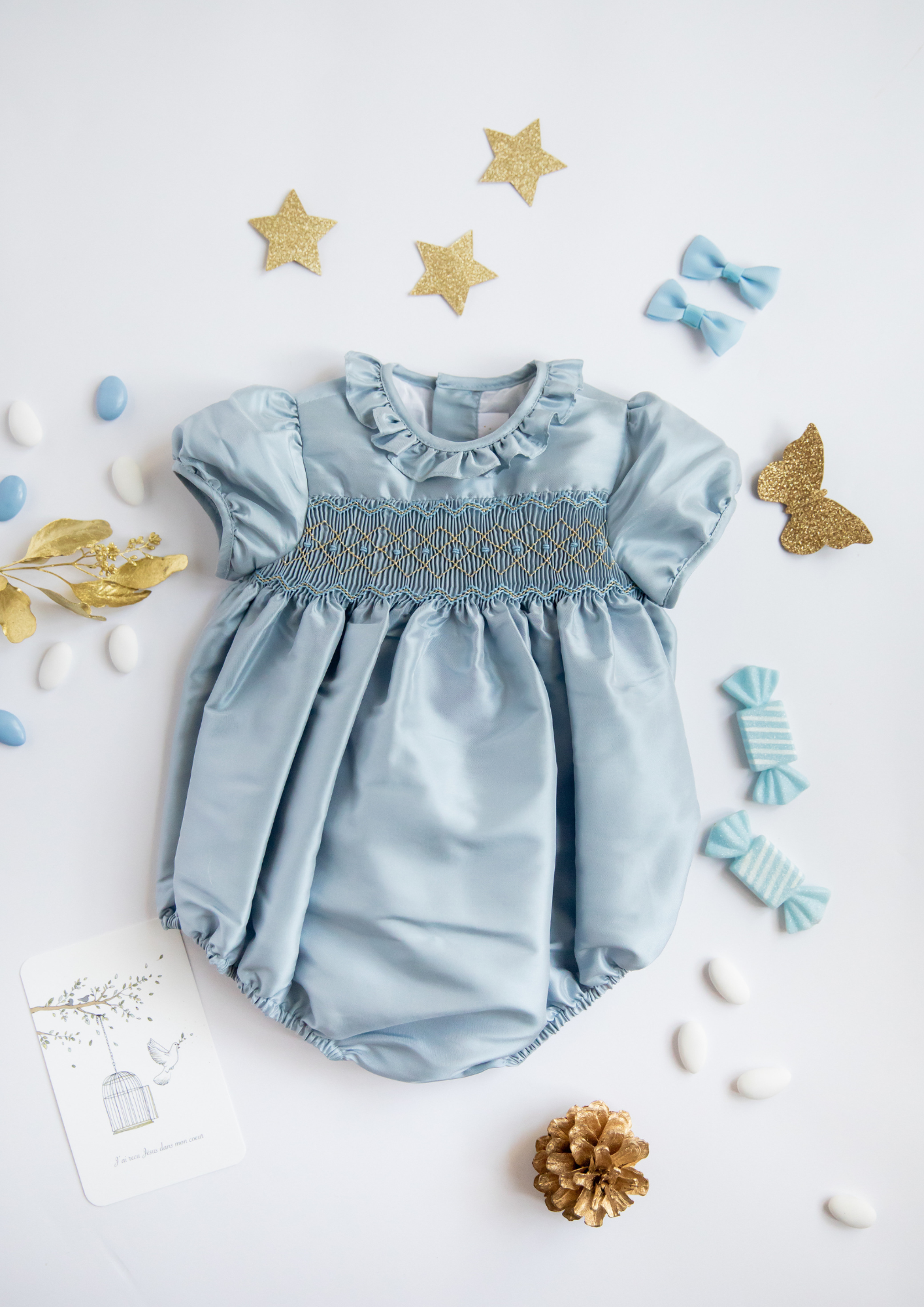 Astrid Blue Silk Smocked Baby Bubble