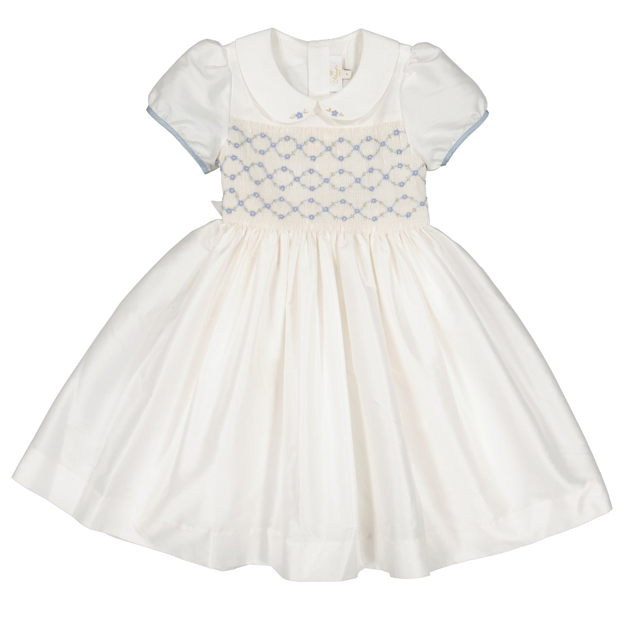 BAGATELLE WHITE/BLUE SILK HANDMADE SMOCKED DRESS