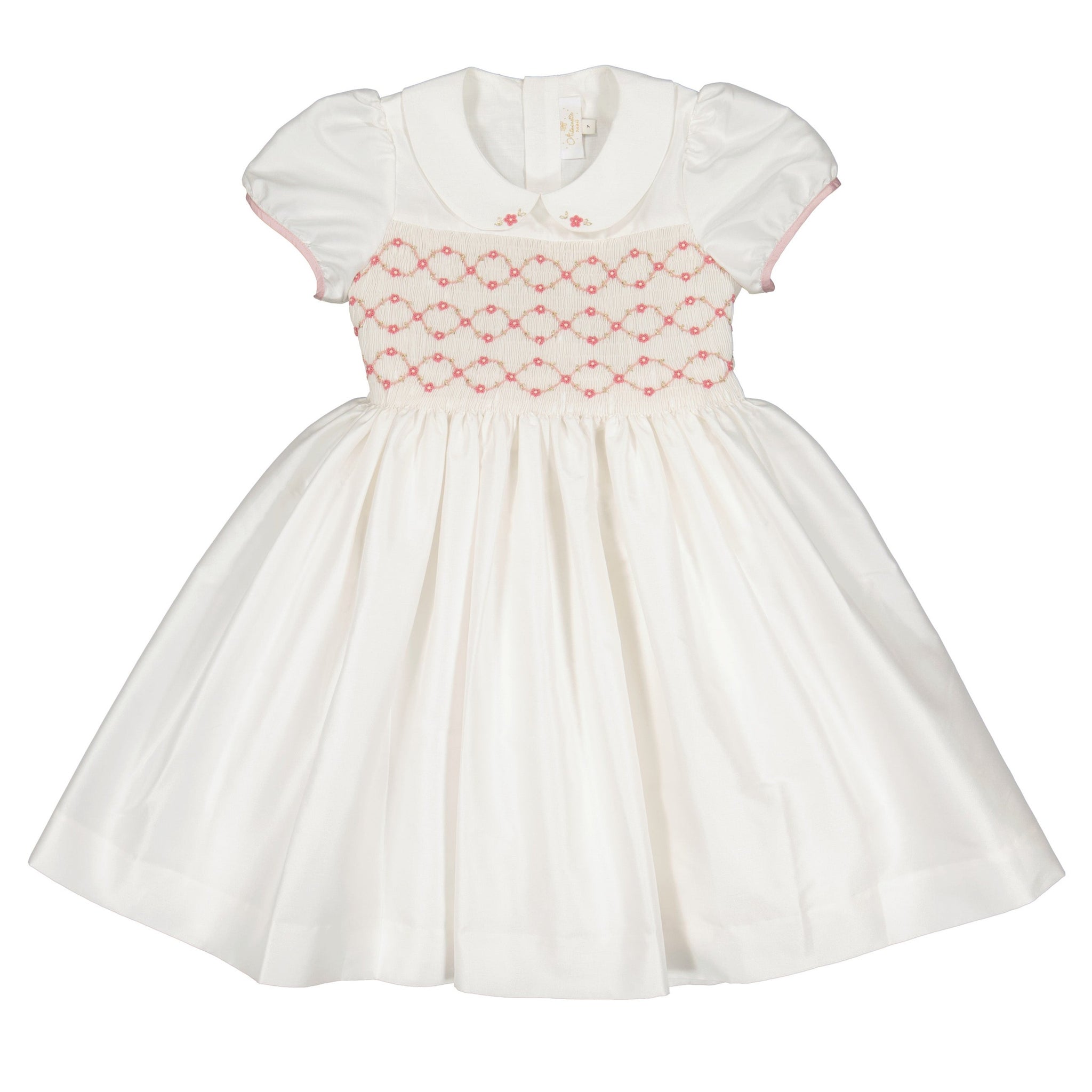 BAGATELLE WHITE/PINK SILK HANDMADE SMOCKED DRESS