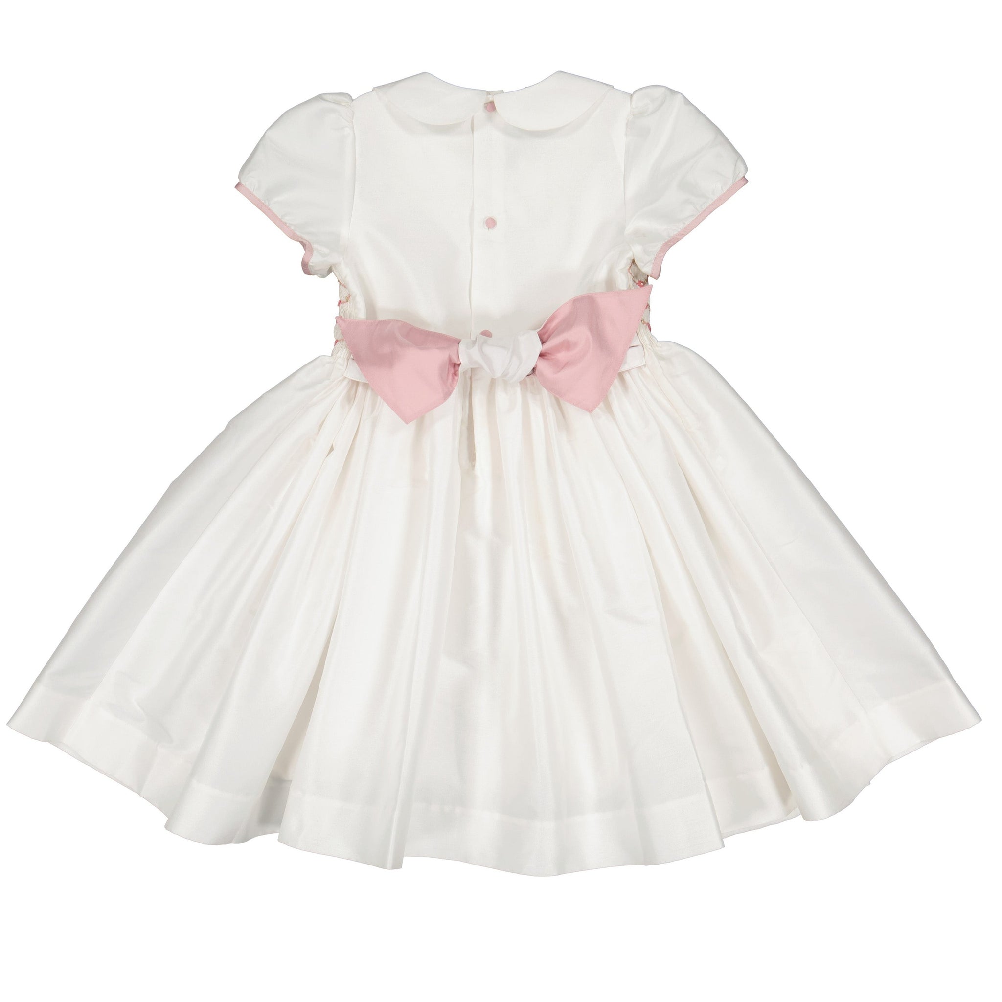 BAGATELLE WHITE/PINK SILK HANDMADE SMOCKED DRESS