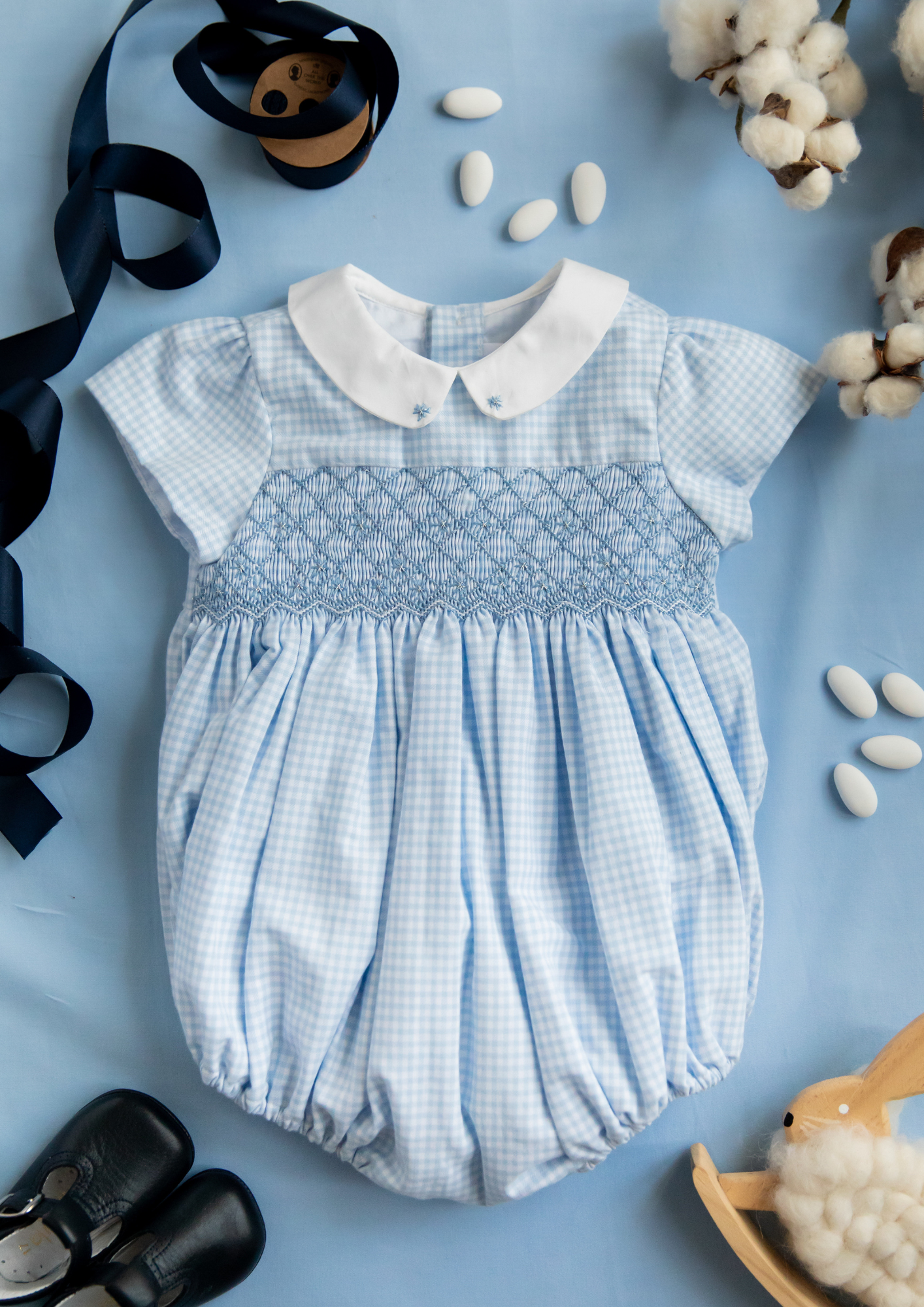 Camille Blue Gingham Smocked Flannel Baby Bubble