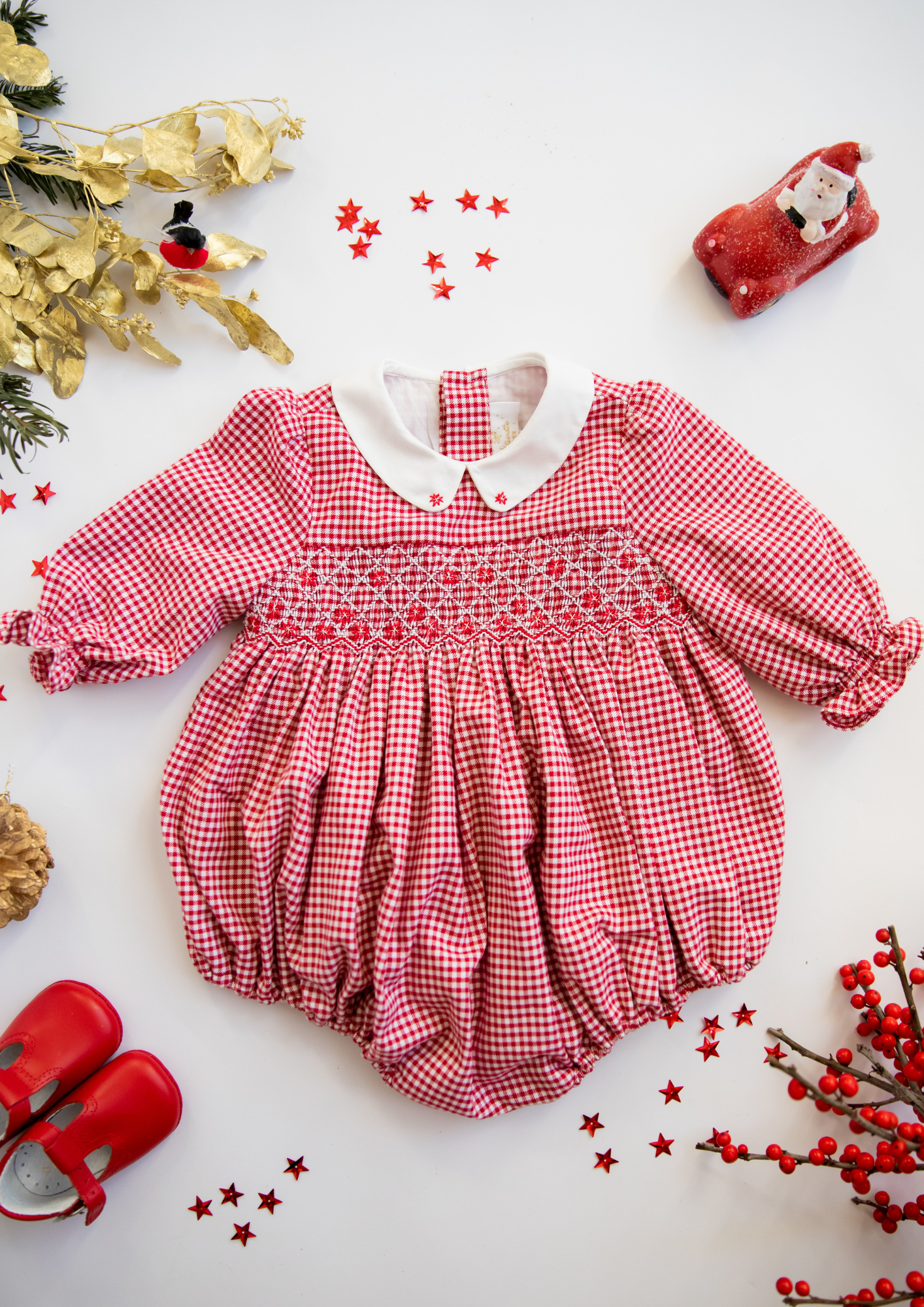 Camille Red Gingham Smocked Baby Bubble