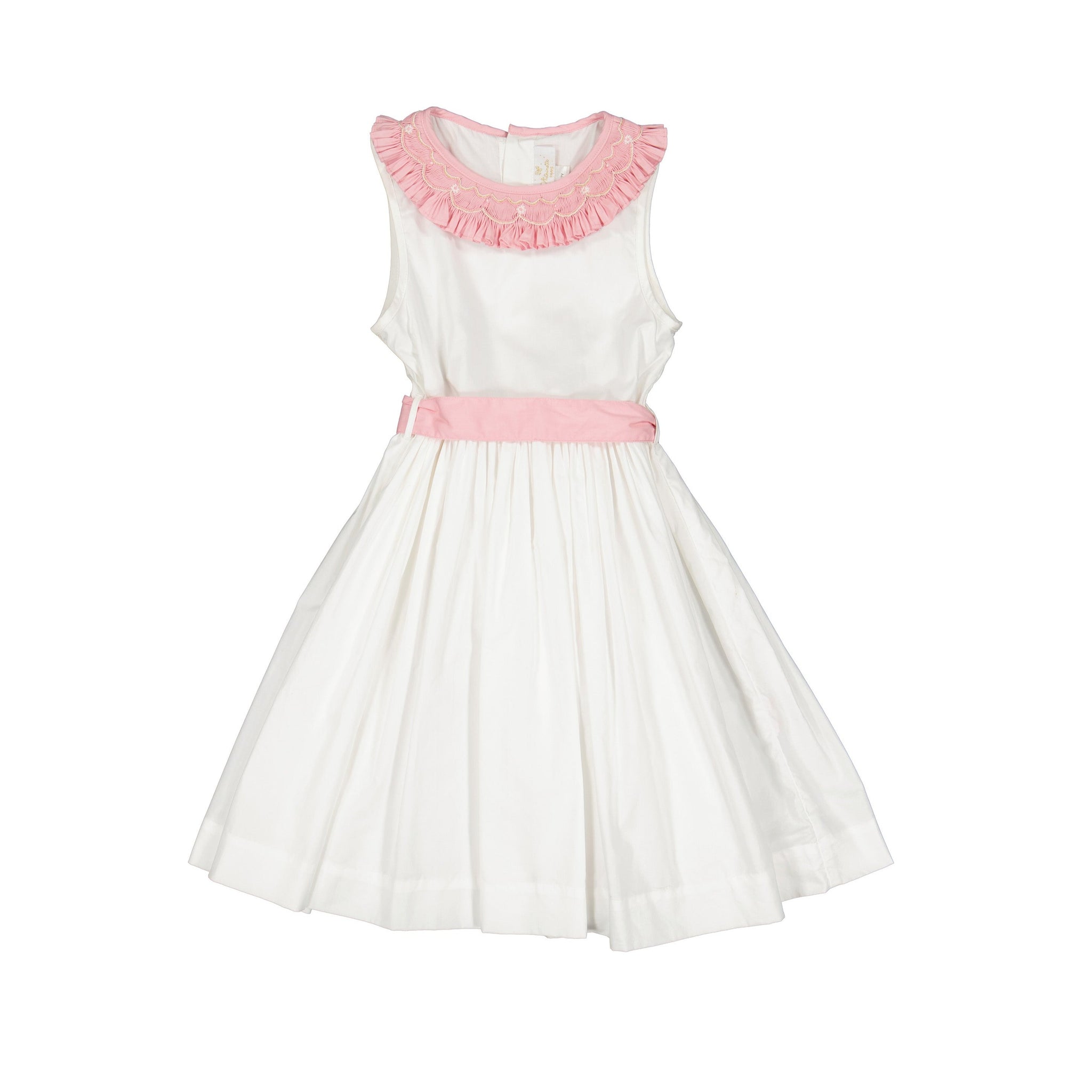 PEONY WHITE SMOCKED DRESS WITH PINK EMBROIDERED COLLAR