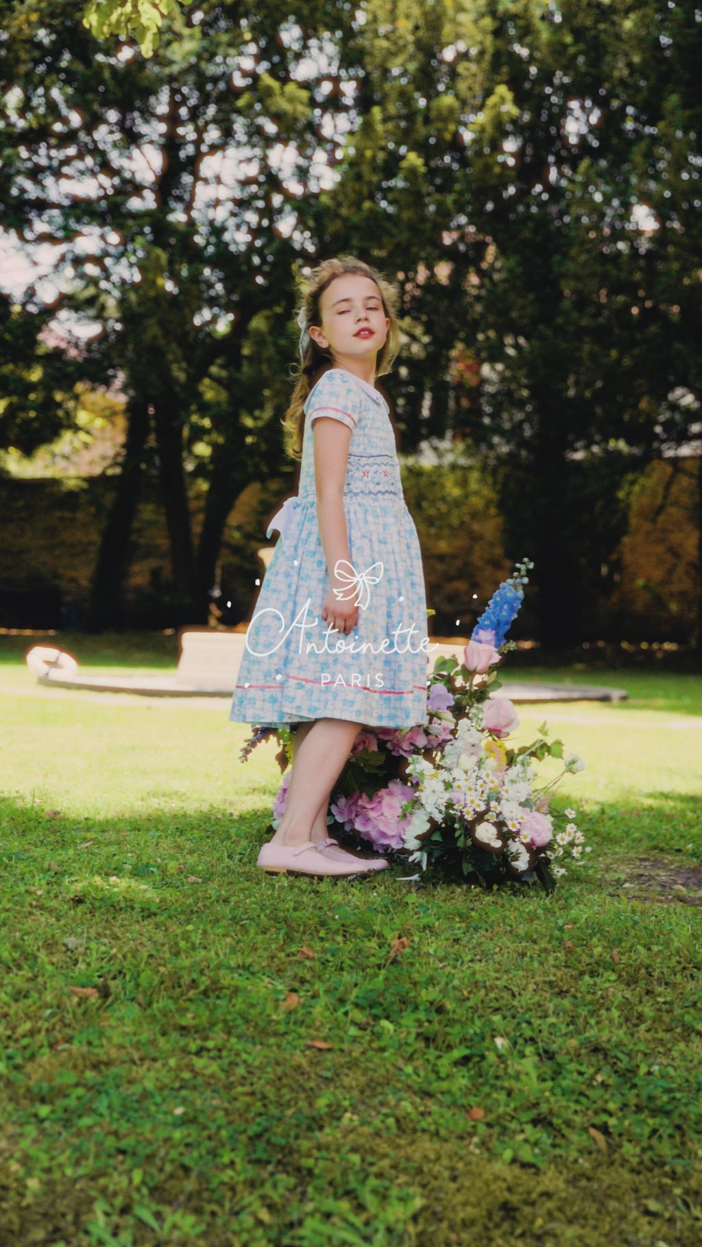 Riviera Floral Blue Short Sleeve Smocked Dress 24M