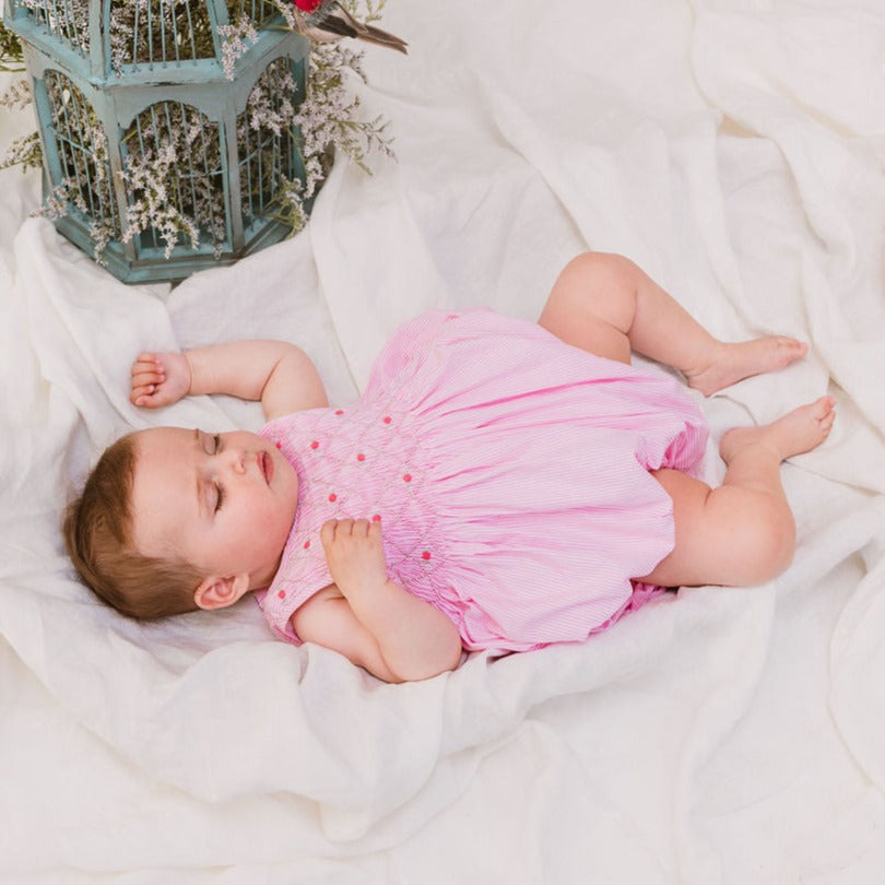 Petit Bebe Baby Girls Pink Poplin Smocked Bubble