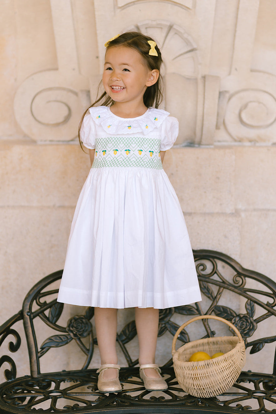 Victoria White Lemon Smocked Girls Dress