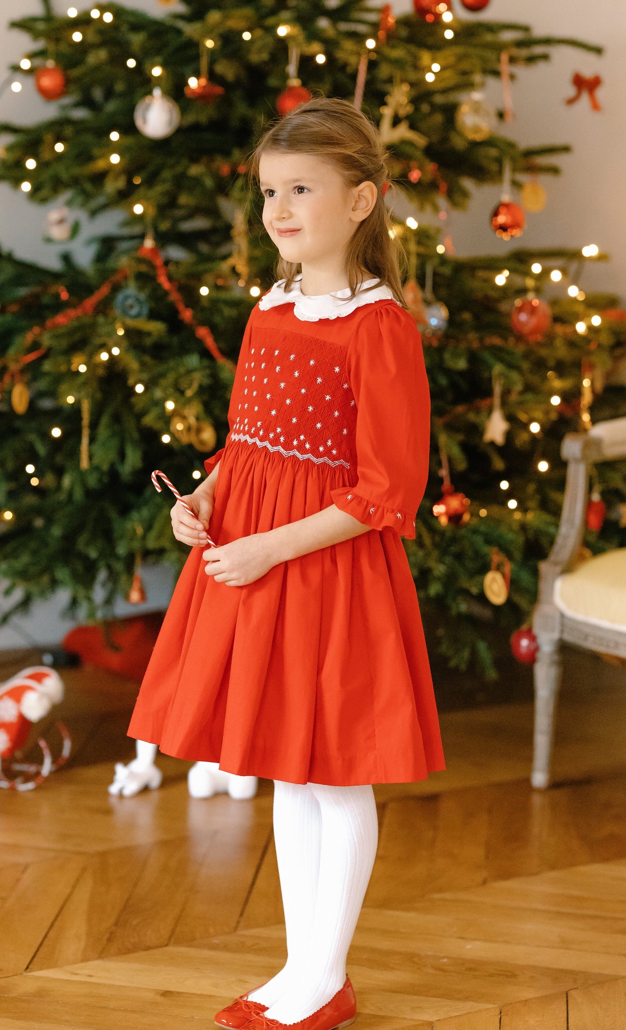 Mary Jane Red Christmas Bishop Dress with embroidered collar